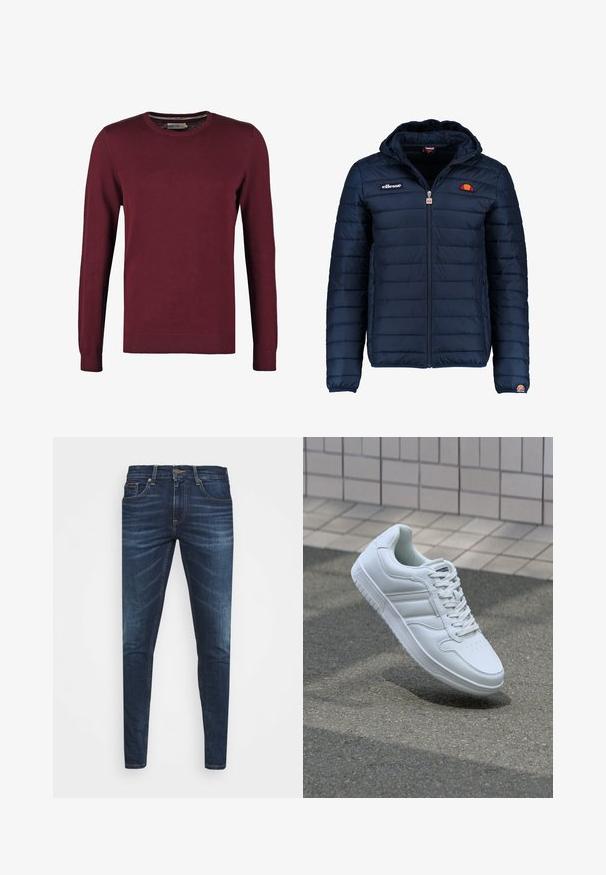 Giubbotto imbottito blu navy con cappuccio, chiusura con zip, cuciture a canale e dettagli con logo sul petto e sulla manica. Tessuto morbido e testurizzato.; Maglione a girocollo color borgogna realizzato in tessuto liscio, con maniche lunghe e polsini e orlo a costine per un tocco di texture.; Jeans in denim blu scuro con vestibilità slim, leggero sbiadito, cinque tasche e chiusura con bottone in metallo. Dettagli cuciti in un colore a contrasto.; Sneaker sportivo bianco con tomaia in pelle liscia, chiusura con lacci, punta perforata e suola decorata. Design minimalista con tre strisce laterali.
