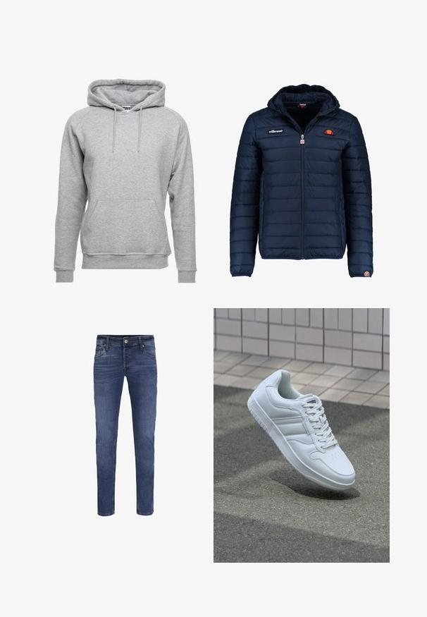 Námořnická modrá péřová bunda s kapucí, zipovým zapínáním, prošívaným vzorem a logem na hrudi a rukávu. Měkká, texturovaná látka.; Šedá mikina vyrobená z měkké bavlny, s přední kapsou, nastavitelnými tkaničkami a žebrovanými manžetami a spodním lemem.; Pánské modré denimové džíny slim fit s knoflíkovým a zipovým zapínáním, předními a zadními kapsami a jemným zesvětlením.; Bílé sportovní tenisky s hladkým koženým svrškem, šněrovacím předním dílem, perforovanou špičkou a vzorovanou podrážkou. Minimalistický design se třemi bočními pruhy.