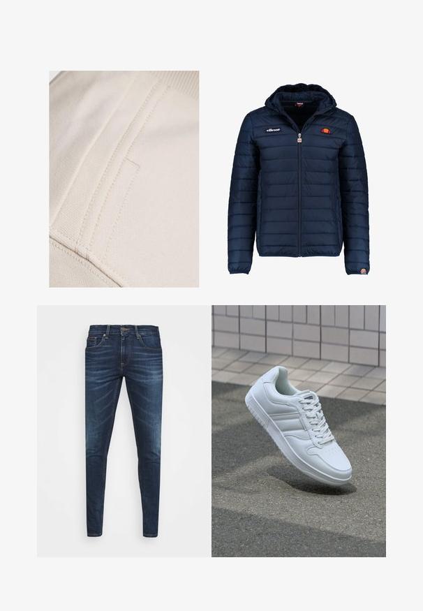 Námořnická modrá péřová bunda s kapucí, zipovým zapínáním, prošívaným vzorem a logem na hrudi a rukávu. Měkká, texturovaná látka.; Bežová bavlněná látka s viditelným šitím a plochou, hladkou texturou. Obsahuje jemný detail kapsy podél švu.; Tmavě modré džíny z denimu s úzkým střihem, jemným vyblednutím, pěti kapsami a kovovým zapínáním na knoflík. Šité akcenty v kontrastní barvě.; Bílé sportovní tenisky s hladkým koženým svrškem, šněrovacím předním dílem, perforovanou špičkou a vzorovanou podrážkou. Minimalistický design se třemi bočními pruhy.