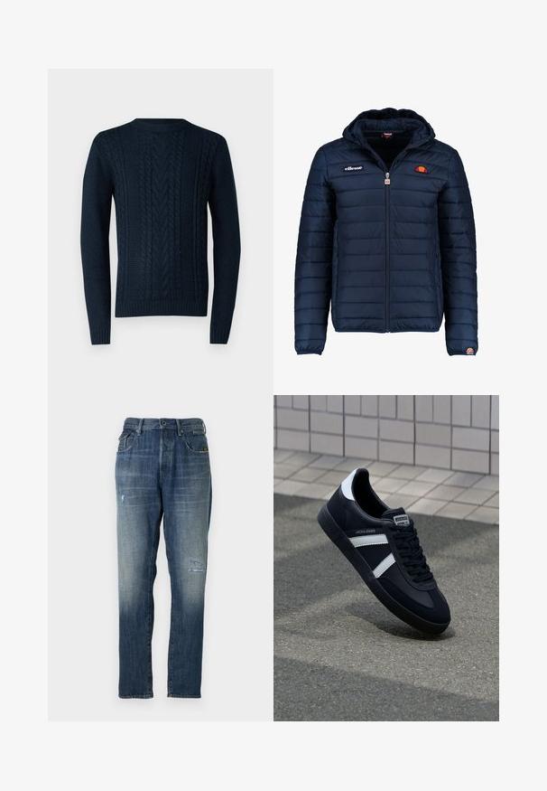 Tums zilā puffer jaka ar kapuci, rāvējslēdzēja aizdare, kanālu šuvēm un logotipa akcentiem uz krūtīm un piedurknēm. Mīksta, teksturēta auduma.; Tumši zils adīts džemperis ar pītiem rakstiem, standartaapaļai kakla izgriezumu un ribotām piedurknēm un apakšmalu. Izgatavots no faktūras dzijas.; Džinsi no denima ar izbalinātu zilu krāsu, taisnas kājas dizainu, mērenu nolietojumu priekšpusē un klasisku piecu kabatu stilu.; Melnā ādas sporta apavi ar baltām svītrām, teksturēta gumijas zole un auklu aizdare. Iekļauj zīmola etiķeti uz mēles.