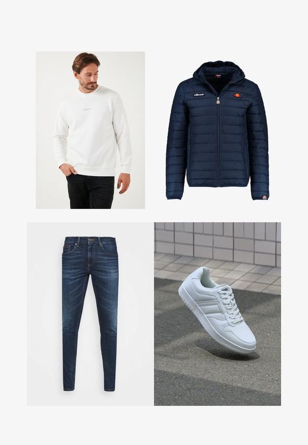 Námořnická modrá péřová bunda s kapucí, zipovým zapínáním, prošívaným vzorem a logem na hrudi a rukávu. Měkká, texturovaná látka.; Bílá mikina vyrobená z bavlněné směsi, s kulatým výstřihem, dlouhými rukávy a malým šedým logem na hrudi.; Tmavě modré džíny z denimu s úzkým střihem, jemným vyblednutím, pěti kapsami a kovovým zapínáním na knoflík. Šité akcenty v kontrastní barvě.; Bílé sportovní tenisky s hladkým koženým svrškem, šněrovacím předním dílem, perforovanou špičkou a vzorovanou podrážkou. Minimalistický design se třemi bočními pruhy.