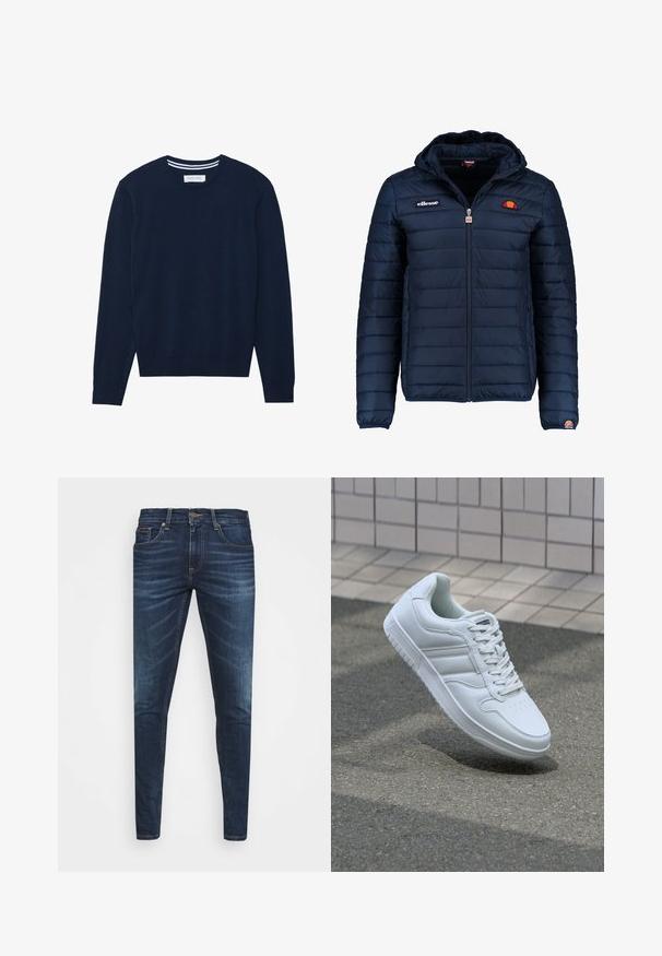 Tums zilā puffer jaka ar kapuci, rāvējslēdzēja aizdare, kanālu šuvēm un logotipa akcentiem uz krūtīm un piedurknēm. Mīksta, teksturēta auduma.; Tumši zilas adītas džemperis ar apaļu kakla izgriezumu, garām piedurknēm un ribotām aprocēm. Satur kontrastējošu svītru detaļu apkaklīte.; Tumši zili džinsi ar šauru piegriezumu, ar vieglu izbalēšanu, piecām kabatām un metalizētu pogu aizdari. Šuvju akcenti kontrastējošā krāsā.; Balti sporta apavi ar gludu ādas virsu, sasienamais priekšpuse, perforēts purngals un rakstaina zole. Minimālisma dizains ar trim sānu svītrām.