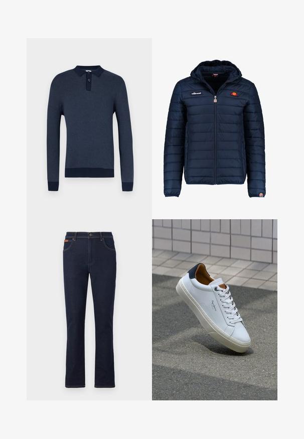 Marineblauwe gewatteerde jas met een capuchon, ritsluiting, kanalenstiksel en logoaccenten op de borst en mouw. Zachte, gestructureerde stof.; Donkerblauw polohemd met lange mouwen, een textuurgebreide stof, een kraag met drie knopen en contrasterende donkergroene geribbelde boorden aan de mouwen en zoom.; Donkerblauwe denim jeans met een rechte pijp, voorzien van oranje stiksels, vijf zakken en een knoopsluiting in de taille.; Witte leren sneaker met een marineblauwe hiel, ronde neus en contrasterende bruin accent. Beschikt over platte veters en een gestructureerde rubberen zool.