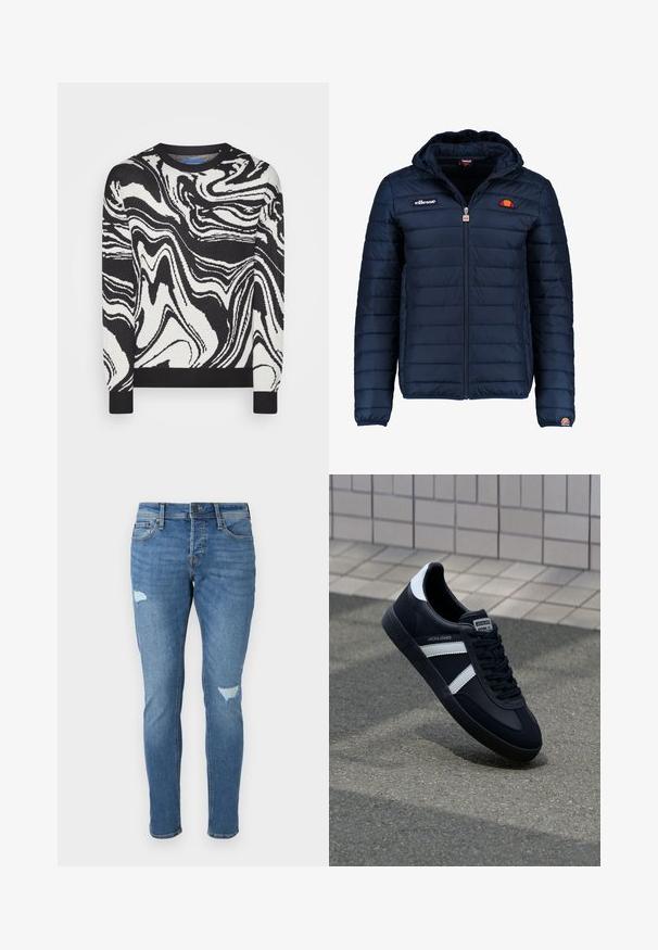 Marineblauwe gewatteerde jas met een capuchon, ritsluiting, kanalenstiksel en logoaccenten op de borst en mouw. Zachte, gestructureerde stof.; Jack & Jones JORMARBLE CREW NECK - Trui - black; Vervaagde blauwe spijkerbroek met een slim fit, voorzien van versleten plekken op de knieën, een knoopsluiting en een ontwerp met vijf zakken.; Zwarte leren sneaker met witte strepen, een gestructureerde rubberen zool en vetersluiting aan de voorkant. Voorzien van een merklabel op de tong.
