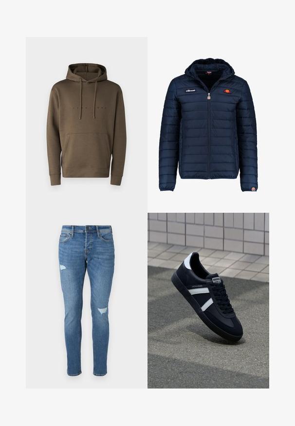 Mornaricnoplava pufasta jakna s kapuljačom, zatvaranje na zip, kanalno šivanje i akcenti s logom na prsima i rukavu. Mekani, teksturirani materijal.; Smeđa kapuljača s vezicama, prednji kengur džep i ispisani logo u crnoj boji preko grudi. Mekana tkanina.; Izblijedjeli plavi traperice uskog kroja, s izbrazdanim dijelovima na koljenima, zatvaranjem na gumbe i dizajnom s pet džepova.; Crne kožne tenisice s bijelim prugama, strukturirana gumena potplate i vezanjem sprijeda. Ima oznaku brenda na jeziku.