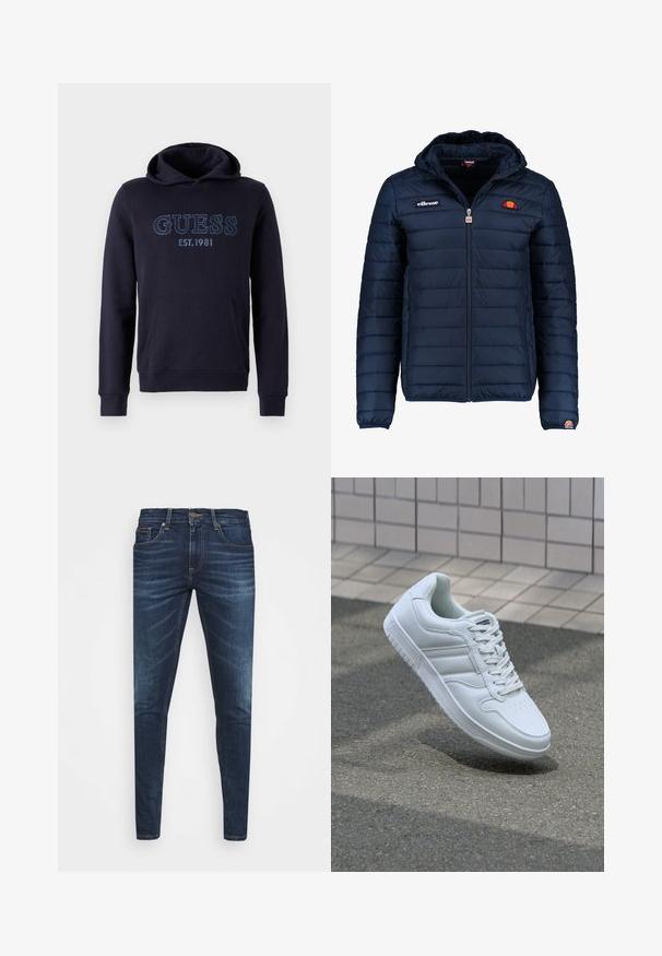 Námořnická modrá péřová bunda s kapucí, zipovým zapínáním, prošívaným vzorem a logem na hrudi a rukávu. Měkká, texturovaná látka.; Tma modrá mikina s kapucí vyrobená z měkké tkaniny má přední klokankovou kapsu, žebrované manžety a vyšívané logo "GUESS EST.1981" na přední straně.; Tmavě modré džíny z denimu s úzkým střihem, jemným vyblednutím, pěti kapsami a kovovým zapínáním na knoflík. Šité akcenty v kontrastní barvě.; Bílé sportovní tenisky s hladkým koženým svrškem, šněrovacím předním dílem, perforovanou špičkou a vzorovanou podrážkou. Minimalistický design se třemi bočními pruhy.