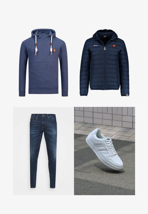 Marineblauwe gewatteerde jas met een capuchon, ritsluiting, kanalenstiksel en logoaccenten op de borst en mouw. Zachte, gestructureerde stof.; Marineblauwe hoodie van een gestructureerde stof, met een kangoeroezak, diagonale naadaccenten, witte trekkoorden en een bruine logo patch.; Donkerblauwe denim jeans met een slim fit, subtiele vervaging, vijf zakken en een metalen knoopsluiting. Gestikte accenten in contrasterende kleur.; Witte sportsneaker met een glad leren bovenwerk, vetersluiting aan de voorkant, geperforeerde neus en een geprofileerde zool. Minimalistisch ontwerp met drie zijstrepen.