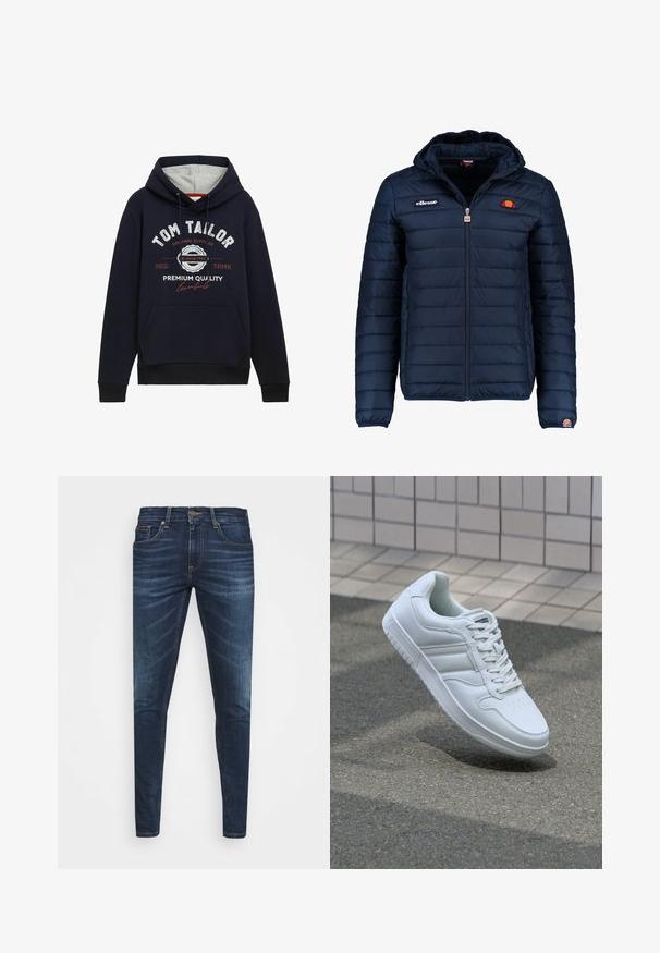 Veste matelassée bleu marine avec capuche, fermeture zippée, coutures en canaux et accents de logo sur la poitrine et la manche. Tissu doux et texturé.; Sweat à capuche bleu marine en mélange de coton, avec une doublure de capuche grise, une poche frontale et un texte graphique blanc/rouge sur la poitrine. Poignets et ourlet côtelés.; Jean en denim bleu foncé avec une coupe slim, décoloration subtile, cinq poches et une fermeture à bouton en métal. Accents cousus dans une couleur contrastante.; Baskets blanches de sport avec une tige en cuir lisse, un laçage à l'avant, une pointe perforée et une semelle à motifs. Design minimaliste avec trois bandes latérales.