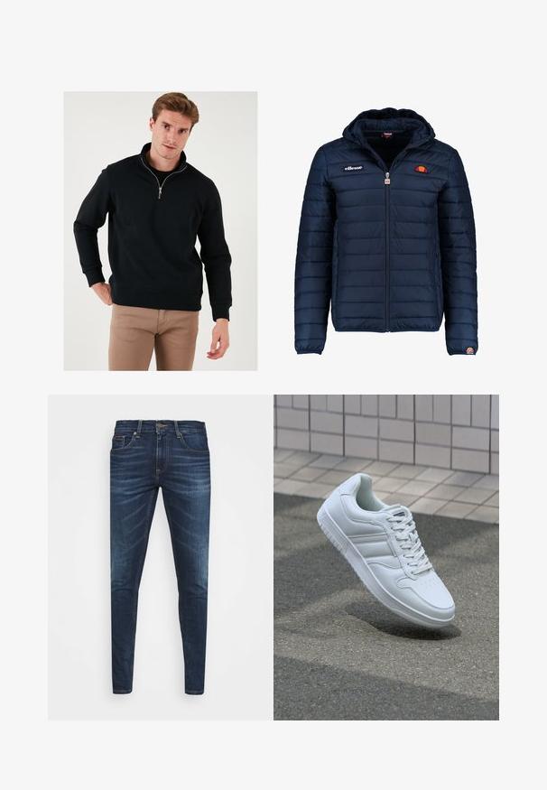 Námořnická modrá péřová bunda s kapucí, zipovým zapínáním, prošívaným vzorem a logem na hrudi a rukávu. Měkká, texturovaná látka.; Černá mikina na zip s vysokým límcem, dlouhými rukávy a volným střihem. Vyrobená z měkkého materiálu s pružnými manžetami a lemem.; Tmavě modré džíny z denimu s úzkým střihem, jemným vyblednutím, pěti kapsami a kovovým zapínáním na knoflík. Šité akcenty v kontrastní barvě.; Bílé sportovní tenisky s hladkým koženým svrškem, šněrovacím předním dílem, perforovanou špičkou a vzorovanou podrážkou. Minimalistický design se třemi bočními pruhy.