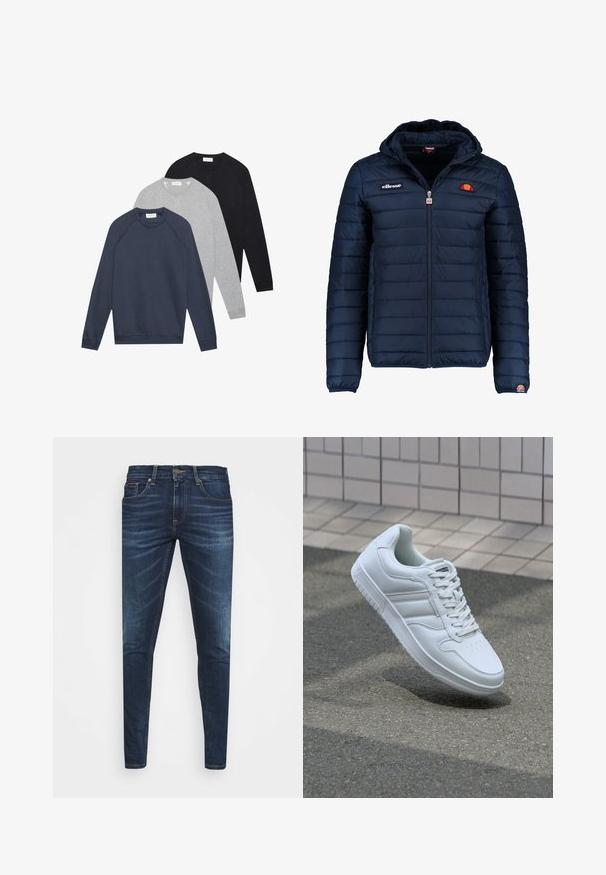 Námornícky modrá prešívaná bunda s kapucňou, zipsom, kanálovým prešívaním a logovými akcentmi na hrudi a rukáve. Mäkkučká, textúrovaná tkanina.; Tričko s dlhým rukávom typu crewneck v námorníckej modrej, svetlo šedé a čierne, navrstvené a uložené na bielom pozadí.; Tmavomodré džíny s úzkym strihom, jemným opotrebovaním, piatimi vreckami a kovovým zapínaním. Šité akcenty v kontrastnej farbe.; Biele atletické tenisky s hladkým koženým zvrškom, šnurovaním vpredu, perforovanou špičkou a vzorovanou podrážkou. Minimalistický dizajn s tromi bočnými pruhmi.