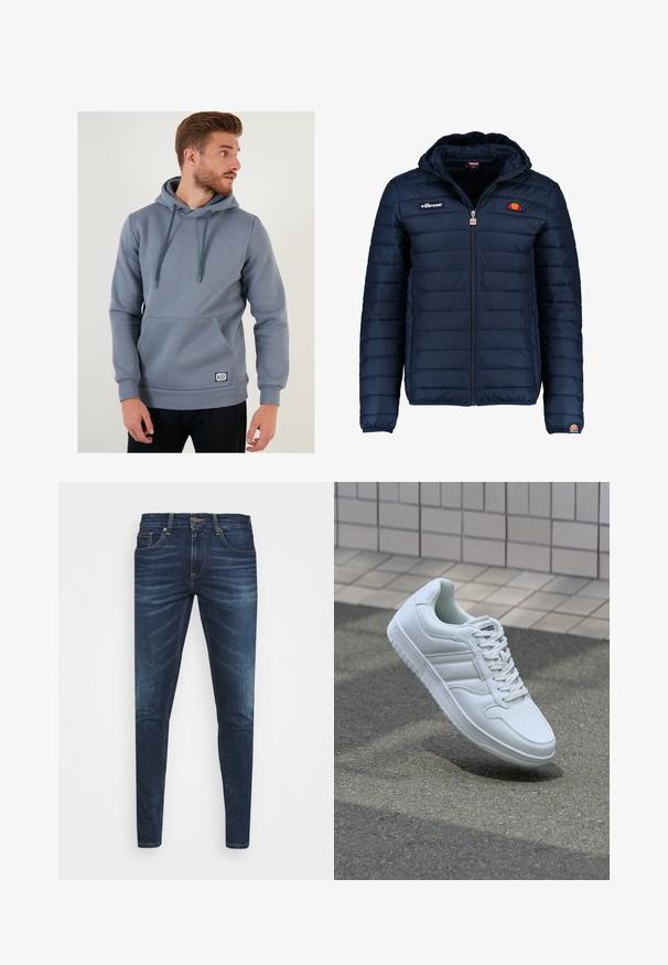 Tengerészkék puffos dzseki kapucnival, cipzáras záródással, csatorna varrással, és logóval díszített mellkassal és ujjakkal. Puha, texturált anyag.; Szürke kapucnis pulóver elülső zsebből, állítható húzózsinórral ellátott kapucnival, bordázott mandzsettákkal és aljjal, puha, sima anyagból készült. Logó folt található rajta.; Sötétkék farmernadrág, testhezálló fazonnal, finom áttűnéssel, öt zsebbel és fémből készült gombzárral. Kontrasztos színű varrási díszítések.; Fehér sportcipő sima bőr felsőrésszel, fűzős elülettel, perforált orral és mintázott talppal. Minimalista dizájn három oldalsávval.