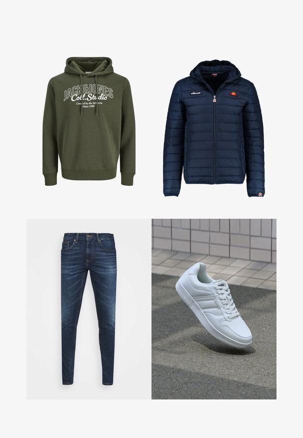 Casaco puffer azul marinho com capuz, fecho de correr, costura em canais e detalhes do logo no peito e na manga. Tecido macio e texturizado.; Hoodie verde oliva com cordão, apresentando uma estampa gráfica branca que inclui o texto "JACK&JONES Coll. Studio." Tecido suave, corte descontraído.; Jeans de ganga azul escura com um corte slim, desbotamento suave, cinco bolsos e fecho com botão de metal. Detalhes costurados em cor contrastante.; Sapatilha desportiva branca com parte superior em couro liso, frente com atacadores, bico perfurado e sola padronizada. Design minimalista com três riscas laterais.