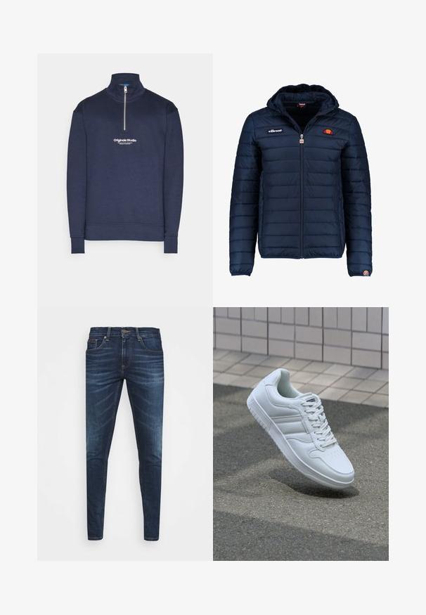 Giubbotto imbottito blu navy con cappuccio, chiusura con zip, cuciture a canale e dettagli con logo sul petto e sulla manica. Tessuto morbido e testurizzato.; Jack & Jones JORVESTERBRO QUARTER ZIP - Felpa - sky captain; Jeans in denim blu scuro con vestibilità slim, leggero sbiadito, cinque tasche e chiusura con bottone in metallo. Dettagli cuciti in un colore a contrasto.; Sneaker sportivo bianco con tomaia in pelle liscia, chiusura con lacci, punta perforata e suola decorata. Design minimalista con tre strisce laterali.