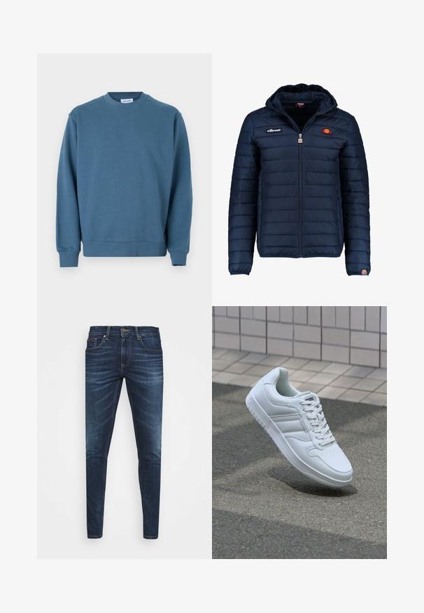 Tums zilā puffer jaka ar kapuci, rāvējslēdzēja aizdare, kanālu šuvēm un logotipa akcentiem uz krūtīm un piedurknēm. Mīksta, teksturēta auduma.; Zila kokvilnas džemperis ar apaļu kakla izgriezumu, ribotām piedurknēm un taisnu apakšmalu. Raksturīga gluda tekstūra un brīva piegriezte.; Tumši zili džinsi ar šauru piegriezumu, ar vieglu izbalēšanu, piecām kabatām un metalizētu pogu aizdari. Šuvju akcenti kontrastējošā krāsā.; Balti sporta apavi ar gludu ādas virsu, sasienamais priekšpuse, perforēts purngals un rakstaina zole. Minimālisma dizains ar trim sānu svītrām.