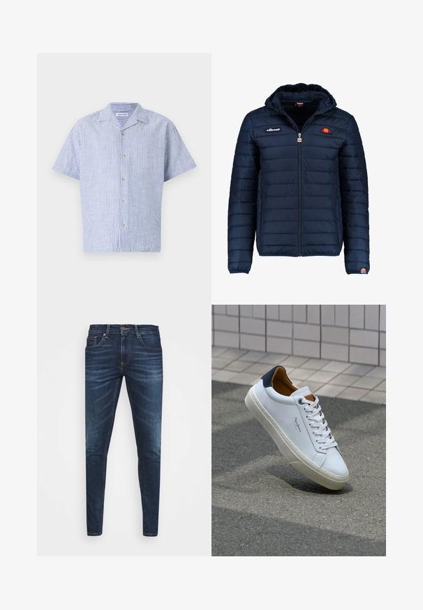 Veste matelassée bleu marine avec capuche, fermeture zippée, coutures en canaux et accents de logo sur la poitrine et la manche. Tissu doux et texturé.; Chemise à manches courtes rayée verticalement en bleu et blanc, dotée d'un col et de cinq boutons, fabriquée en tissu léger.; Jean en denim bleu foncé avec une coupe slim, décoloration subtile, cinq poches et une fermeture à bouton en métal. Accents cousus dans une couleur contrastante.; Sneaker en cuir blanc avec un talon bleu marine, bout rond et accents marron contrastés. Dispose de lacets plats et d'une semelle en caoutchouc texturée.