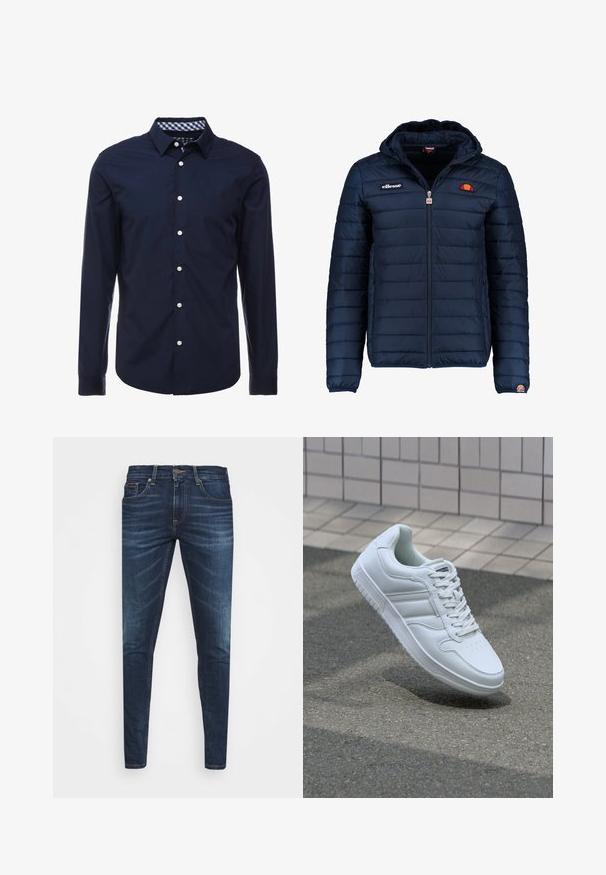Granatowa kurtka puchowa z kapturem, zapinana na zamek, z przeszyciami w kształcie kanałów oraz akcentami loga na piersi i rękawie. Miękka, teksturowana tkanina.; Granatowa koszula z długim rękawem, z kołnierzykiem zapinanym na guziki, kontrastowym, kraciastym wnętrzem kołnierza oraz białymi guzikami z przodu. Gładka tekstura.; Granatowe dżinsy o slim fit, delikatnym wyblaknięciu, pięciu kieszeniach i metalowym zapięciem. Haftowane akcenty w kontrastowym kolorze.; Białe sportowe trampki z gładkiej skóry, z zapięciem na sznurowadła, perforowanym noskiem i wzorzystą podeszwą. Minimalistyczny design z trzema paskami po bokach.