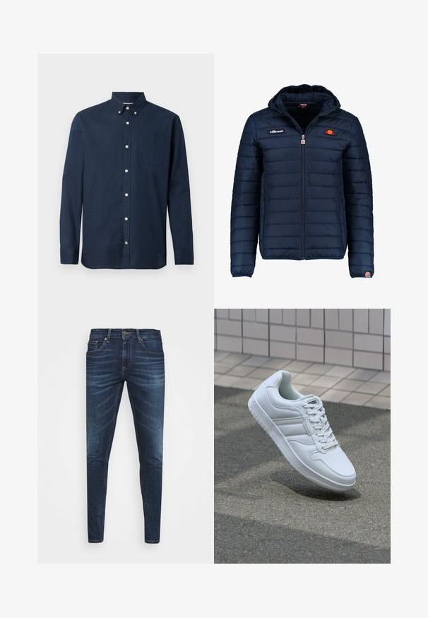 Casaco puffer azul marinho com capuz, fecho de correr, costura em canais e detalhes do logo no peito e na manga. Tecido macio e texturizado.; Camisa de manga longa azul marinho feita de tecido leve, com colarinho abotoado, bolso frontal e botões brancos. Textura suave.; Jeans de ganga azul escura com um corte slim, desbotamento suave, cinco bolsos e fecho com botão de metal. Detalhes costurados em cor contrastante.; Sapatilha desportiva branca com parte superior em couro liso, frente com atacadores, bico perfurado e sola padronizada. Design minimalista com três riscas laterais.