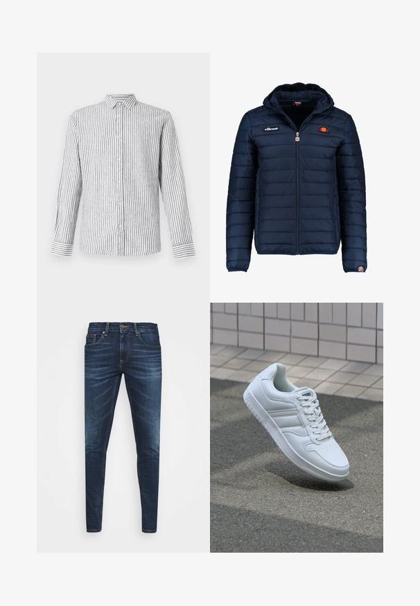 Marineblauwe gewatteerde jas met een capuchon, ritsluiting, kanalenstiksel en logoaccenten op de borst en mouw. Zachte, gestructureerde stof.; Lange mouwen overhemd met knopen in lichtgrijs met witte verticale strepen. Beschikt over een klassieke kraag en manchetten met een gestreept patroon.; Donkerblauwe denim jeans met een slim fit, subtiele vervaging, vijf zakken en een metalen knoopsluiting. Gestikte accenten in contrasterende kleur.; Witte sportsneaker met een glad leren bovenwerk, vetersluiting aan de voorkant, geperforeerde neus en een geprofileerde zool. Minimalistisch ontwerp met drie zijstrepen.