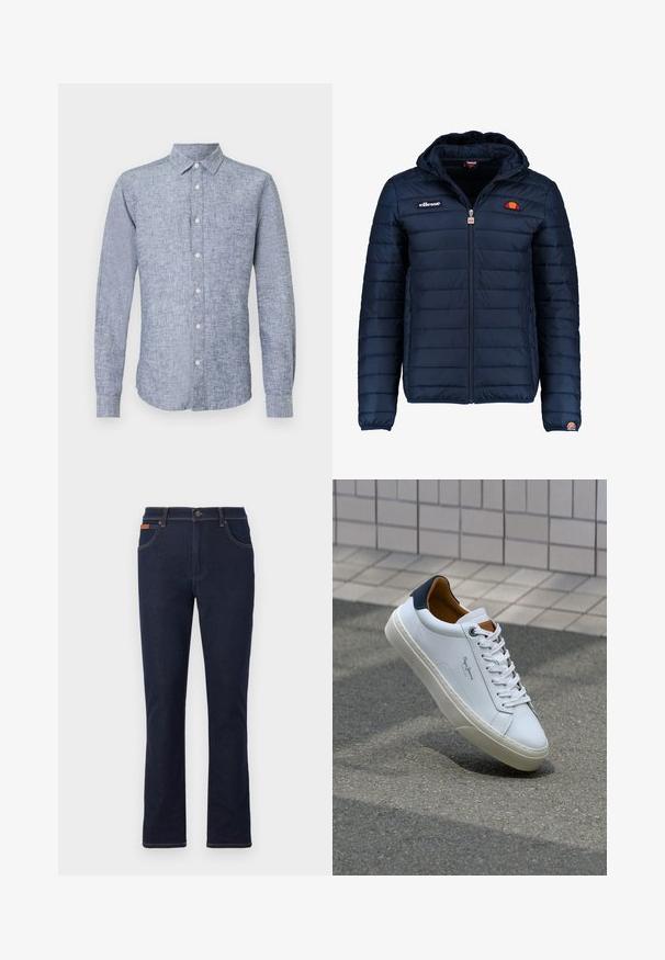 Tumedat sinised puffer jakk kapuutsiga, lukuga suletav, kanalite õmblustega ning logo aktsentidega rinnal ja varrukal. Pehme, tekstuuriga kangas.; Sinine linane pikkade varrukatega särk, millel on nööbiga krae, tekstureeritud kangas ja kumer allserv. Ees on viis nuppu ühes reas.; Tumed sinised teksad sirge säärega, millel on oranž õmblus, viis taskut ja nööpkinnitus vöökoht.; Valge nahast tennis, millel on tumesinine konts, ümmargune nina ja kontrastsed pruuni aktsendid. Omab lamepaelti ja tekstureeritud kummist tallat.