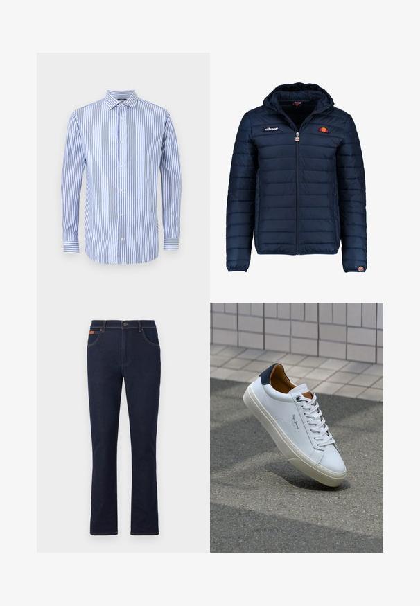 Marineblauwe gewatteerde jas met een capuchon, ritsluiting, kanalenstiksel en logoaccenten op de borst en mouw. Zachte, gestructureerde stof.; Blauwe en witte gestreepte overhemd met knopen, een kraag, lange mouwen en een rechte zoom. Zachte stof en een klassieke pasvorm.; Donkerblauwe denim jeans met een rechte pijp, voorzien van oranje stiksels, vijf zakken en een knoopsluiting in de taille.; Witte leren sneaker met een marineblauwe hiel, ronde neus en contrasterende bruin accent. Beschikt over platte veters en een gestructureerde rubberen zool.