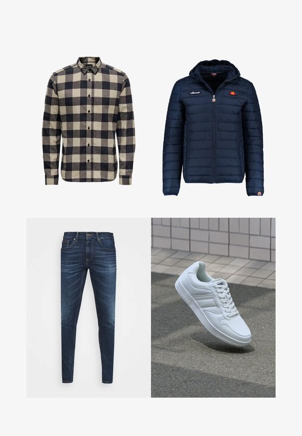 Navy blue puffer jacket with a hood, zip closure, channel stitching, and logo accents on the chest and sleeve. Soft, textured fabric.; Men's flannel shirt in black and cream, featuring a classic check pattern, button-down collar, and long sleeves with button cuffs.; Dark blue denim jeans with a slim fit, subtle fade, five pockets, and a metal button closure. Stitched accents in contrasting color.; White athletic sneaker with smooth leather upper, lace-up front, perforated toe, and patterned sole. Minimalist design with three side stripes.