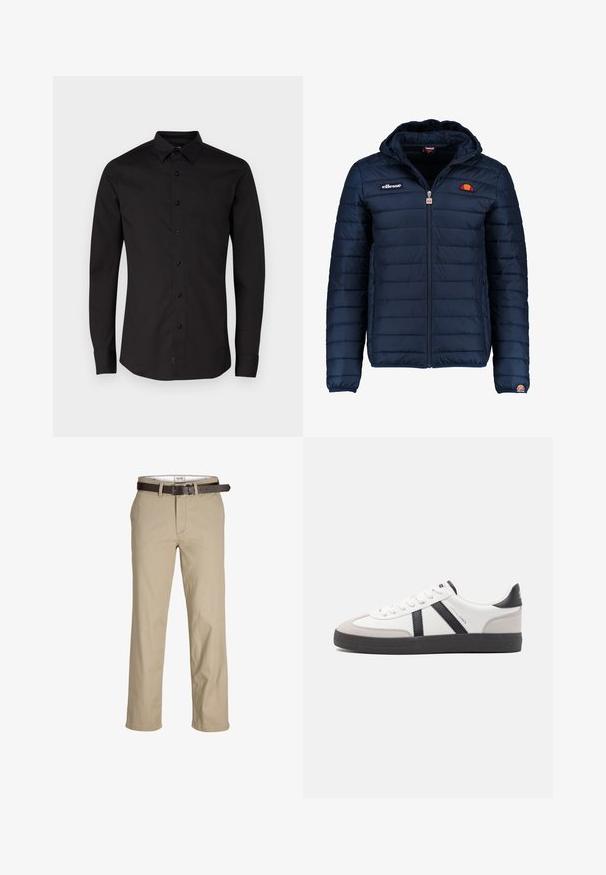 Tamsiai mėlynas pūkinis švarkas su gobtuvu, užtrauktuku, kanalų siuvimu ir logotipo akcentais krūtinėje bei rankovėje. Minkšta, tekstūruota medžiaga.; Juodas ilgomis rankovėmis marškinys iš medvilnės, su sagų užsegimu priekinėje dalyje, klasikinio tipo apykakle ir mažuoju logotipu ant krūtinės.; Šviesiai rudos medvilnės kelnės su tiesia kirpimo, su diržo kilpomis, rudu odiniu diržu ir klasikiniu dizainu. Lygus, tvirtas audinys.; Balti sportbačiai su juodais ir pilkais akcentais, pasižymintys tekstūruotu pilku pirštų dangteliu, juoda gumine padais ir plokščiomis baltomis raišteliais. Švarus dizainas, minimalistinis stilius.