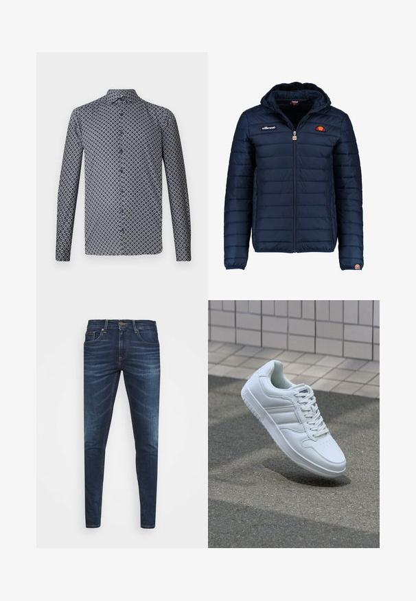 Granatowa kurtka puchowa z kapturem, zapinana na zamek, z przeszyciami w kształcie kanałów oraz akcentami loga na piersi i rękawie. Miękka, teksturowana tkanina.; Koszula z długim rękawem zapinana na guziki w ciemnym granacie z powtarzającym się białym wzorem w kwiaty. Posiada wygięty kołnierzyk i guziki z przodu. Gładka tekstura materiału.; Granatowe dżinsy o slim fit, delikatnym wyblaknięciu, pięciu kieszeniach i metalowym zapięciem. Haftowane akcenty w kontrastowym kolorze.; Białe sportowe trampki z gładkiej skóry, z zapięciem na sznurowadła, perforowanym noskiem i wzorzystą podeszwą. Minimalistyczny design z trzema paskami po bokach.
