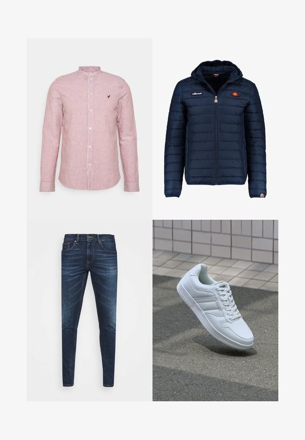 Giubbotto imbottito blu navy con cappuccio, chiusura con zip, cuciture a canale e dettagli con logo sul petto e sulla manica. Tessuto morbido e testurizzato.; Maglietta a maniche lunghe a strisce rosse e bianche con colletto alla cinese, chiusura a bottoni e piccolo logo sul petto. Tessuto in cotone.; Jeans in denim blu scuro con vestibilità slim, leggero sbiadito, cinque tasche e chiusura con bottone in metallo. Dettagli cuciti in un colore a contrasto.; Sneaker sportivo bianco con tomaia in pelle liscia, chiusura con lacci, punta perforata e suola decorata. Design minimalista con tre strisce laterali.