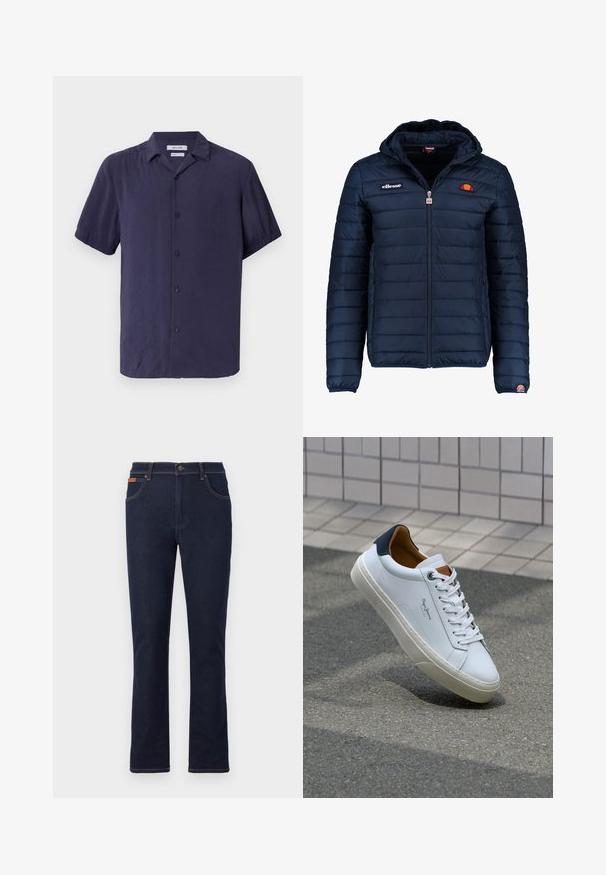 Tengerészkék puffos dzseki kapucnival, cipzáras záródással, csatorna varrással, és logóval díszített mellkassal és ujjakkal. Puha, texturált anyag.; Sötétkék, rövidujjú, gombos ing, könnyű anyagból, sima textúrával és klasszikus gallér dizájnnal.; Sötétkék farmernadrág egyenes lábvágással, narancssárga varrással, öt zsebbel és gombos derékkal.; Fehér bőr sneaker sötétkék sarkúval, kerek orral és kontrasztos barna részletekkel. Lapított fűzőkkel és textúrált gumitalppal rendelkezik.