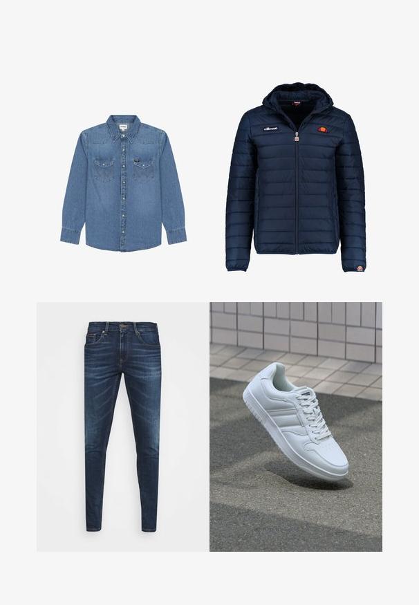 Mørkeblå puffjakke med hætte, lynlåslukning, kanalstyret syning og logo-detaljer på brystet og ærmet. Blødt, struktureret stof.; Lyseblå denim skjorte med lange ærmer, spids krave, to brystlommer, trykknapper og forstærkede syninger. Wrangler mærkat på lommen.; Mørkeblå denim jeans med slim fit, subtil falming, fem lommer og metalknaplukning. Syede detaljer i kontrastfarve.; Hvide atletiske sneakers med glat læderoverdel, snørelukning foran, perforeret tå og mønstret sål. Minimalistisk design med tre sidelister.