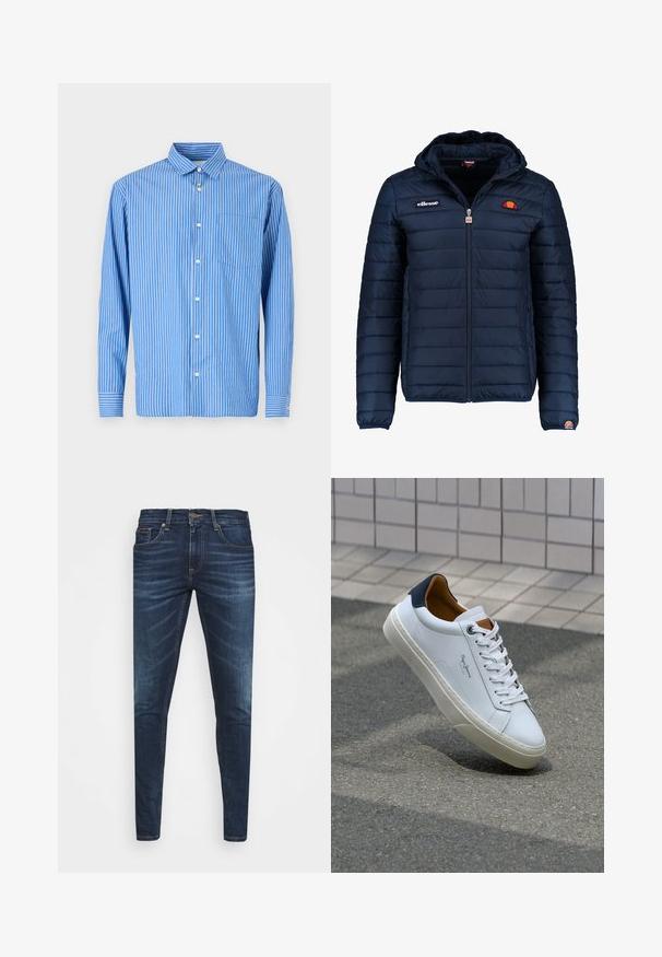 Námořnická modrá péřová bunda s kapucí, zipovým zapínáním, prošívaným vzorem a logem na hrudi a rukávu. Měkká, texturovaná látka.; Dlouhý rukáv, modro-bíle pruhovaná košile se zapínáním na knoflíky, klasickým límcem a jednou kapsou na prsou. Měkký bavlněný materiál.; Tmavě modré džíny z denimu s úzkým střihem, jemným vyblednutím, pěti kapsami a kovovým zapínáním na knoflík. Šité akcenty v kontrastní barvě.; Bílé kožené tenisky s námořnickým podpatkem, kulatou špičkou a kontrastními hnědými detaily. Obsahují ploché tkaničky a texturovanou gumovou podrážku.