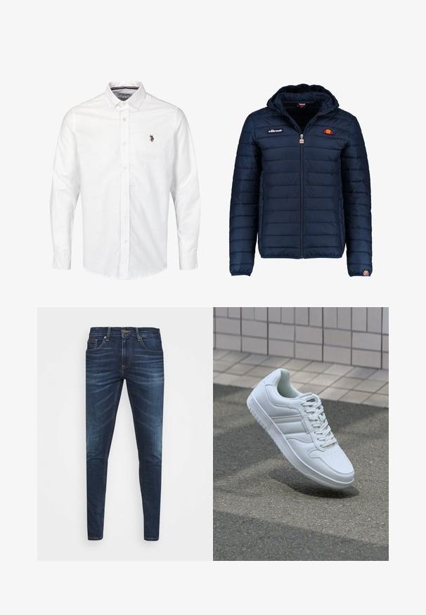 Marineblå puffjakke med hette, glidelås, kanalsøm og logoaksenter på brystet og ermet. Mykt, teksturert stoff.; Hvit knapp-ned skjorte laget av glatt bomullsstoff, med lange ermer, klassisk krage, og en liten brodert logo på brystet.; Mørkeblå denimjeans med smal passform, subtil falming, fem lommer og metallknaplukking. Sømmer i kontrastfarge.; Hvit atletisk sneaker med glatt skinnoverside, snøring foran, perforert tå og mønstrets såle. Minimalistisk design med tre side-striper.