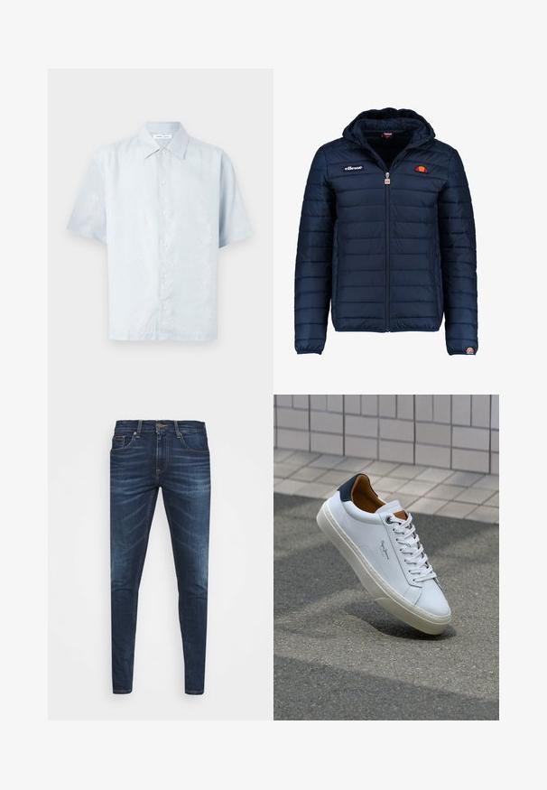 Veste matelassée bleu marine avec capuche, fermeture zippée, coutures en canaux et accents de logo sur la poitrine et la manche. Tissu doux et texturé.; Chemise bleu clair à manches courtes avec un motif de feuilles subtil, fermeture à boutons, et un col classique fabriquée dans un tissu lisse et texturé.; Jean en denim bleu foncé avec une coupe slim, décoloration subtile, cinq poches et une fermeture à bouton en métal. Accents cousus dans une couleur contrastante.; Sneaker en cuir blanc avec un talon bleu marine, bout rond et accents marron contrastés. Dispose de lacets plats et d'une semelle en caoutchouc texturée.