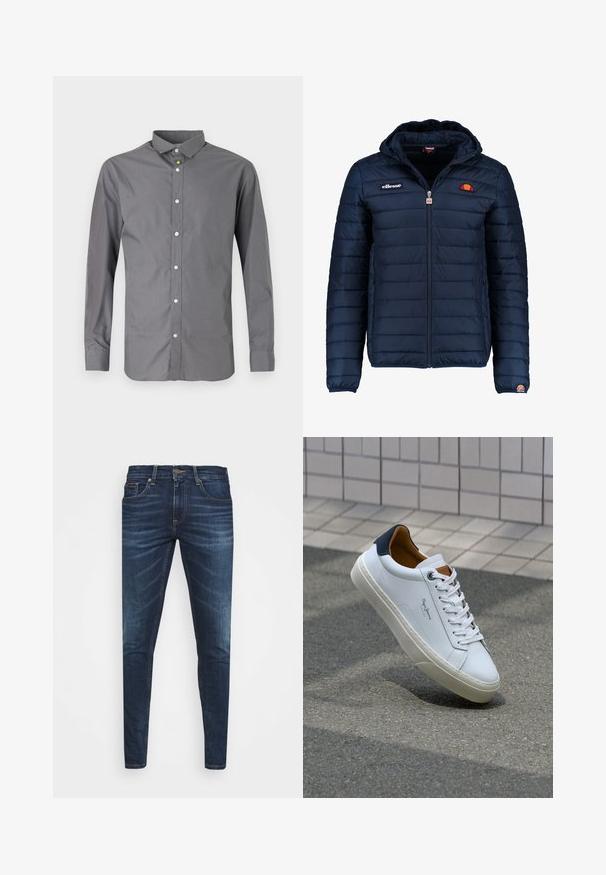 Marineblå puffjakke med hette, glidelås, kanalsøm og logoaksenter på brystet og ermet. Mykt, teksturert stoff.; Grå langermet skjorte laget av bomullsblanding, med en klassisk krage, knapp foran, og blanke hvite knapper langs knappefeste.; Mørkeblå denimjeans med smal passform, subtil falming, fem lommer og metallknaplukking. Sømmer i kontrastfarge.; Hvit lærsneaker med marineblå hæl, rund tå og kontrasterende brune detaljer. Har flate lisser og teksturert gummisåle.