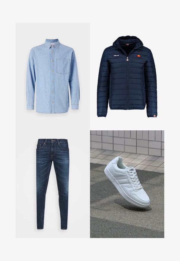 Tamsiai mėlynas pūkinis švarkas su gobtuvu, užtrauktuku, kanalų siuvimu ir logotipo akcentais krūtinėje bei rankovėje. Minkšta, tekstūruota medžiaga.; Šviesiai mėlyna džinsinė marškinė su atlenkiamu apykaklė, ilgomis rankovėmis ir vienu krūtinės kišeniu. Pabrėžia rudos spalvos mygtukų akcentai ir kontrastinga siūlė.; Tamsiai mėlynos džinsinės kelnės su liesu siluetu, subtiliu nusidėvėjimu, penkiomis kišenėmis ir metaliniu mygtuku užsegimui. Įsiūtos akcentai kontrastinga spalva.; Baltos sportinės kedai su lygaus odos viršumi, raišteliais priekyje, perforuotu kojų pirštu ir raštuotu padu. Minimalistinis dizainas su trimis šoninėmis juostelėmis.