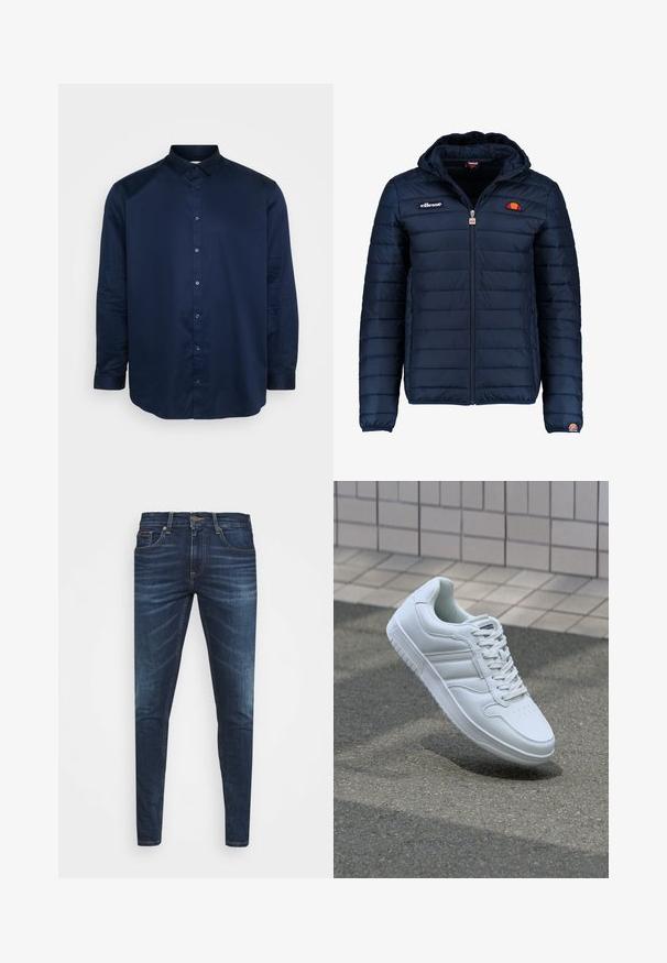 Giubbotto imbottito blu navy con cappuccio, chiusura con zip, cuciture a canale e dettagli con logo sul petto e sulla manica. Tessuto morbido e testurizzato.; Camicia blu navy con bottoni realizzata in tessuto liscio, caratterizzata da un colletto classico, maniche lunghe e una placca frontale con bottoni abbinati.; Jeans in denim blu scuro con vestibilità slim, leggero sbiadito, cinque tasche e chiusura con bottone in metallo. Dettagli cuciti in un colore a contrasto.; Sneaker sportivo bianco con tomaia in pelle liscia, chiusura con lacci, punta perforata e suola decorata. Design minimalista con tre strisce laterali.