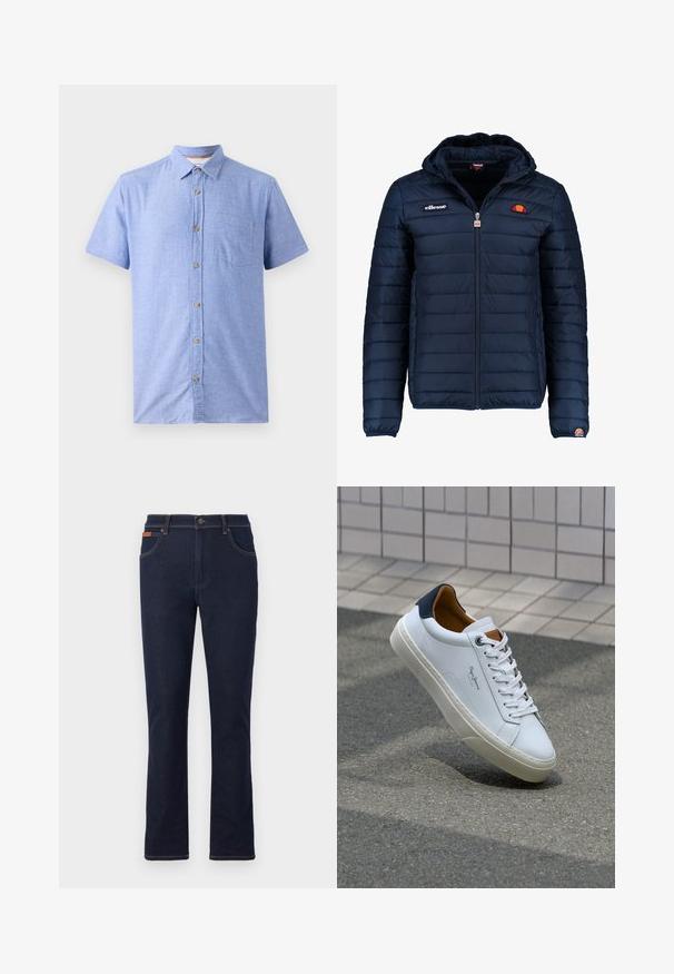 Tamsiai mėlynas pūkinis švarkas su gobtuvu, užtrauktuku, kanalų siuvimu ir logotipo akcentais krūtinėje bei rankovėje. Minkšta, tekstūruota medžiaga.; Šviesiai mėlynos spalvos trumpomis rankovėmis marškiniai, pagaminti iš languoto audinio, su mygtukų užsegimu priekyje ir krūtine kišenę.; Tamsiai mėlyni džinsai su tiesiu kirpimu, turintys oranžinę siuvimo ornamentiką, penkias kišenes ir sagos užsegimą juosmens srityje.; Balti odiniai sportbačiai su mėlynu kulnu, apvalia nosimi ir kontrastingais rudais akcentais. Aptakios raišteliai ir tekstūruota guma.