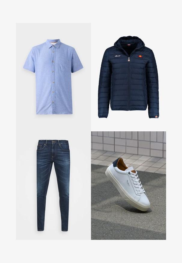 Námořnická modrá péřová bunda s kapucí, zipovým zapínáním, prošívaným vzorem a logem na hrudi a rukávu. Měkká, texturovaná látka.; Kraťasová košile vyrobená z světle modré látky s kostkovaným vzorem, s knoflíkovým zapínáním a náprsní kapsou.; Tmavě modré džíny z denimu s úzkým střihem, jemným vyblednutím, pěti kapsami a kovovým zapínáním na knoflík. Šité akcenty v kontrastní barvě.; Bílé kožené tenisky s námořnickým podpatkem, kulatou špičkou a kontrastními hnědými detaily. Obsahují ploché tkaničky a texturovanou gumovou podrážku.