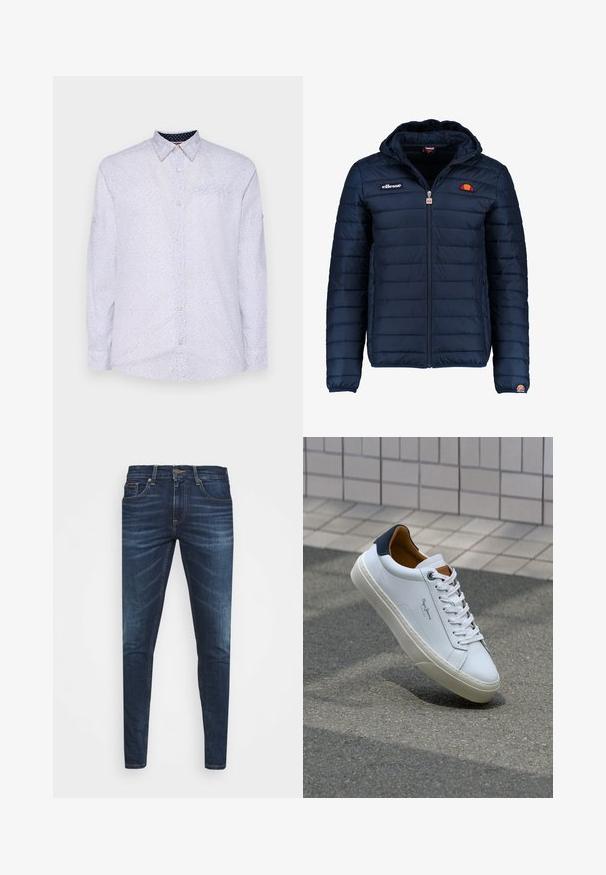 Mornaricnoplava pufasta jakna s kapuljačom, zatvaranje na zip, kanalno šivanje i akcenti s logom na prsima i rukavu. Mekani, teksturirani materijal.; Bijela košulja dugih rukava s malim tamnoplavim točkicama, okovratnikom na dugme i džepom na prsima. Ima dugmad na manžetama i glatku teksturu.; Tamno plave traperice uskog kroja, s blagim izbljeđivanjem, pet džepova i metalnim zatvaranjem na dugme. Šivani detalji u kontrastnoj boji.; Bijela kožna tenisica s mornarskom petom, okruglim vrhom i kontrastnim smešnim akcentima. Sadrži ravne vezice i teksturiranu gumenu potplat.