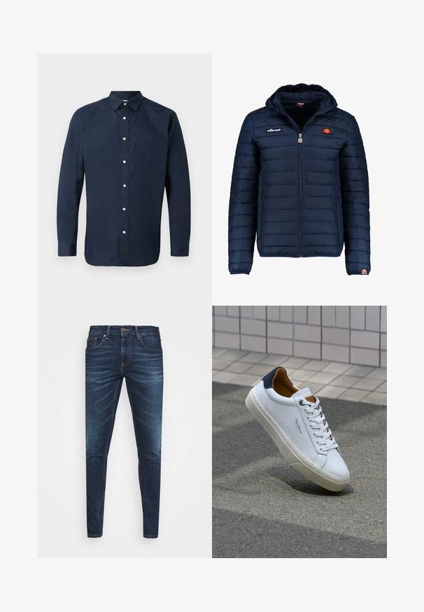 Navy blue puffer jacket with a hood, zip closure, channel stitching, and logo accents on the chest and sleeve. Soft, textured fabric.; Navy blue long-sleeve shirt made of smooth cotton with a spread collar, front button placket, and buttoned cuffs. No visible patterns.; Dark blue denim jeans with a slim fit, subtle fade, five pockets, and a metal button closure. Stitched accents in contrasting color.; White leather sneaker with a navy heel, round toe, and contrasting brown accents. Features flat laces and textured rubber sole.