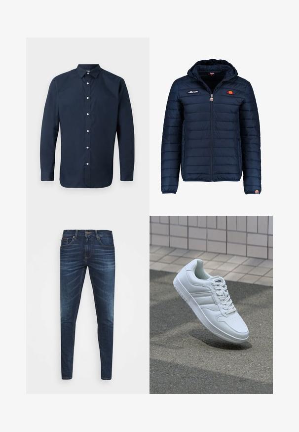 Námornícky modrá prešívaná bunda s kapucňou, zipsom, kanálovým prešívaním a logovými akcentmi na hrudi a rukáve. Mäkkučká, textúrovaná tkanina.; Námornícky modrá košeľa s dlhým rukávom vyrobená z hladkej bavlny, so širším golierom, predným zapínaním na gombíky a gombíkovými manžetami. Bez viditeľných vzorov.; Tmavomodré džíny s úzkym strihom, jemným opotrebovaním, piatimi vreckami a kovovým zapínaním. Šité akcenty v kontrastnej farbe.; Biele atletické tenisky s hladkým koženým zvrškom, šnurovaním vpredu, perforovanou špičkou a vzorovanou podrážkou. Minimalistický dizajn s tromi bočnými pruhmi.