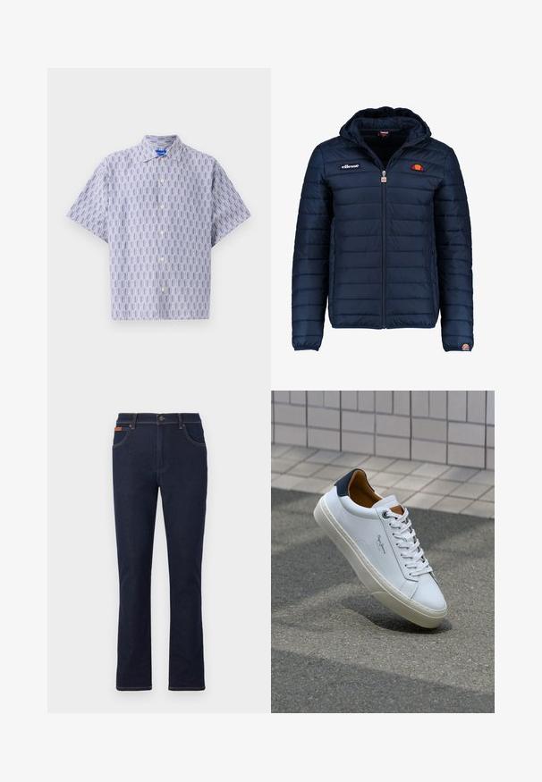 Temno modra napihnjena jakna s kapuco, z zadrgo, kanalnim šivom in logotipom na prsih in rokavu. Mehka, teksturirana tkanina.; Kratek rokav s srajco s gumbi v svetlo modri barvi z temno modrim geometrijskim vzorcem. Ima ovratnik in sproščen kroj. Narejena je iz lahkotnega materiala.; Temno modri jeans hlače s ravnim krojem, z oranžnim šivom, petimi žepi in gumbom za zapiranje v pasu.; Beli usnjeni čevelj s plavo peto, okrogelimi prsti in kontrastnimi rjavimi detajli. Ima ravne vezalke in teksturiran gumijast podplat.