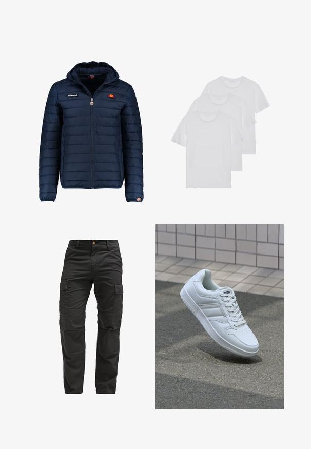 Temno modra napihnjena jakna s kapuco, z zadrgo, kanalnim šivom in logotipom na prsih in rokavu. Mehka, teksturirana tkanina.; Tri bele majice iz mehkega bombaža, s kratkimi rokavi in okroglim izrezom, lepo zložene z minimalnimi šivi.; Črne cargo hlače iz trpežnega materiala z več stranskimi žepi, gumbom za zapiranje in ravnimi hlačnicami. Opremljene so z teksturiranim materialom.; Bela atletska teniska obutev z gladkim usnjenim zgornjim delom, vezanjem spredaj, perforiranim prstom in vzorčastim podplatom. Minimalistična zasnova s tremi stranskimi črtami.