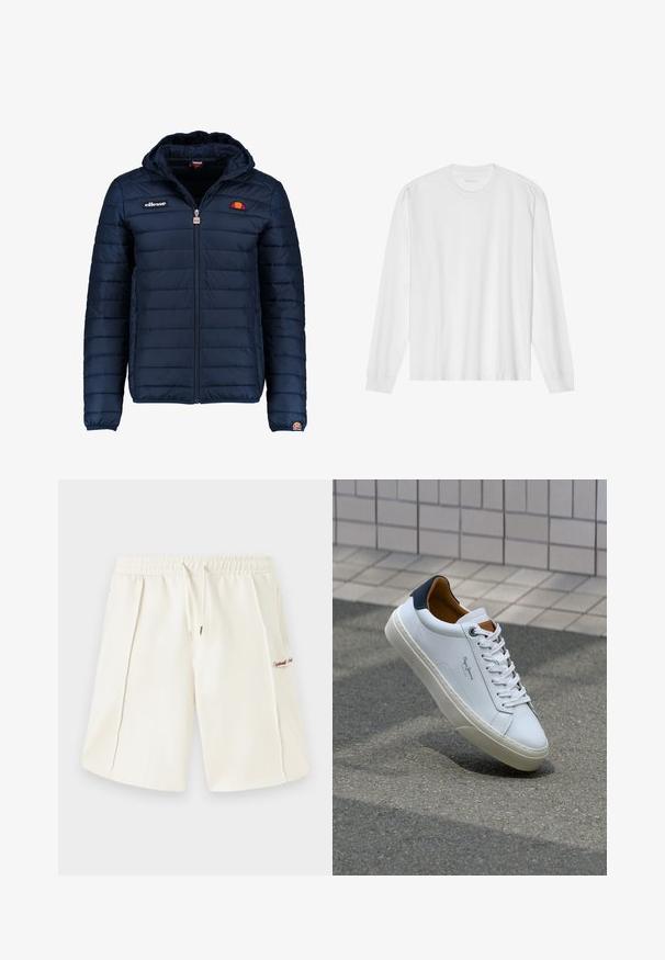 Tumedat sinised puffer jakk kapuutsiga, lukuga suletav, kanalite õmblustega ning logo aktsentidega rinnal ja varrukal. Pehme, tekstuuriga kangas.; Pika, pikkide varrukatega valge puuvillane T-särk, millel on ümar kaelus ja soonikkoes mansetid. Lihtne, kaunistusteta disain, mis hõlmab siledat tekstuuri ja standardset sobivust.; Kreemikaalused lühikesed püksid, mis on valmistatud pehmest kangast, koos elastse vöökohaga, paelaga, küljetaskutega ja väikese punase logo detailiga küljes.; Valge nahast tennis, millel on tumesinine konts, ümmargune nina ja kontrastsed pruuni aktsendid. Omab lamepaelti ja tekstureeritud kummist tallat.