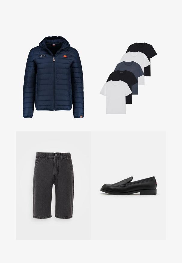 Marineblauwe gewatteerde jas met een capuchon, ritsluiting, kanalenstiksel en logoaccenten op de borst en mouw. Zachte, gestructureerde stof.; Set van vijf t-shirts in zwart, wit en marineblauw. Katoenen stof, korte mouwen, ronde halsontwerp en een effen textuur zonder patronen.; Zwarte denimshorts met een rechte snit, voorzien van een knoop- en ritsluiting, vijf zakken en subtiele stikseldetails.; Zwarte leren instappers met een gladde afwerking, ronde neus en een kleine decoratieve flap. Heeft een lage gestapelde hak en een subtiel merkteken.