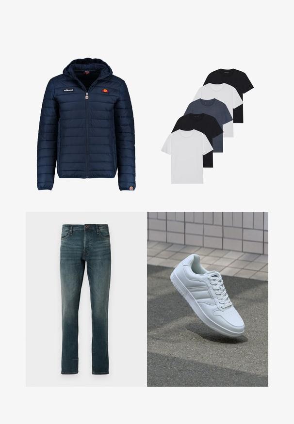 Námořnická modrá péřová bunda s kapucí, zipovým zapínáním, prošívaným vzorem a logem na hrudi a rukávu. Měkká, texturovaná látka.; Sada pěti triček v černé, bílé a námořnické modré barvě. Bavlněná tkanina, krátké rukávy, kulatý límec a hladký povrch bez vzorů.; Úzké tmavě modré džíny s klasickým pětipocket designem, obsahující zapínání na knoflík a zip, jemné vyblednutí a rovný střih.; Bílé sportovní tenisky s hladkým koženým svrškem, šněrovacím předním dílem, perforovanou špičkou a vzorovanou podrážkou. Minimalistický design se třemi bočními pruhy.
