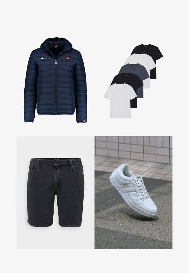 Tengerészkék puffos dzseki kapucnival, cipzáras záródással, csatorna varrással, és logóval díszített mellkassal és ujjakkal. Puha, texturált anyag.; Öt fekete, fehér és tengerészkék póló készlet. Pamut anyag, rövid ujjak, kerek nyakú dizájn és sima textúra minták nélkül.; Fekete farmer rövidnadrág klasszikus dizájnjal, elöl gombos záródással, övpántokkal és öt zsebes stílussal. Enyhén kopott textúra.; Fehér sportcipő sima bőr felsőrésszel, fűzős elülettel, perforált orral és mintázott talppal. Minimalista dizájn három oldalsávval.