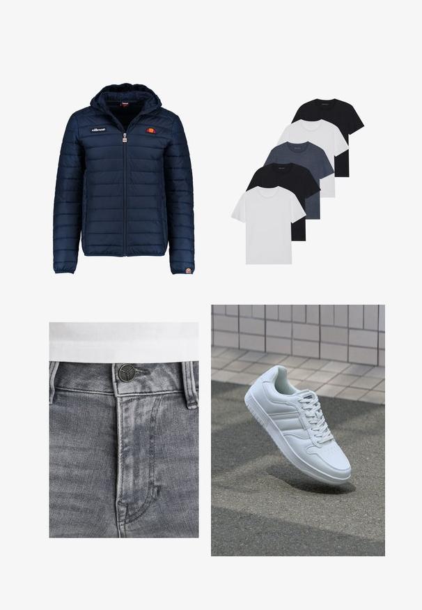 Chaqueta acolchada azul marino con capucha, cierre de cremallera, costuras en canales y acentos de logo en el pecho y la manga. Tejido suave y texturizado.; Conjunto de cinco camisetas en negro, blanco y azul marino. Tejido de algodón, de manga corta, diseño de cuello redondo y textura lisa sin patrones.; Vaqueros de mezclilla gris con un acabado texturizado, que presentan un botón de metal negro y costuras blancas en contraste a lo largo de la cinturilla y los bolsillos.; Zapatilla atlética blanca con parte superior de cuero suave, cierre de cordones en el frente, puntera perforada y suela con patrón. Diseño minimalista con tres rayas laterales.