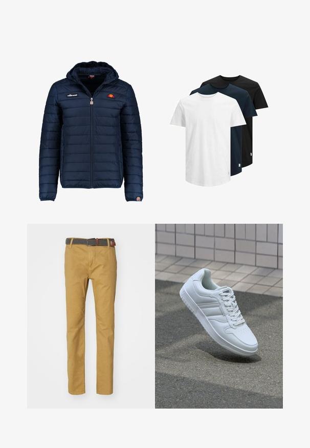 Marineblå puffjakke med hette, glidelås, kanalsøm og logoaksenter på brystet og ermet. Mykt, teksturert stoff.; Tre kortermede T-skjorter i hvit, mørk marineblå og svart. Laget av bomull, med rund hals og rett skjæring. Enkelt design, uten mønstre.; Kaki chinos med en smal passform, laget av bomull, med et strukturert grått og svart vevd belte med brune lærdetaljer.; Hvit atletisk sneaker med glatt skinnoverside, snøring foran, perforert tå og mønstrets såle. Minimalistisk design med tre side-striper.