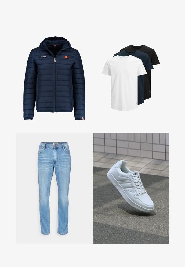 Tumedat sinised puffer jakk kapuutsiga, lukuga suletav, kanalite õmblustega ning logo aktsentidega rinnal ja varrukal. Pehme, tekstuuriga kangas.; Kolm lühikeste varrukatega T-särki valges, tumesinises ja mustas värvitoonis. Valmistatud puuvillast, ümar kaelus ja sirge serv. Lihtne disain, ilma mustriteta.; Heledad sinine denim-ist valmistatud sirgest säärest, viie tasku disainiga ja eesnööriga sulgemisega. Omab peent tuhmumist ja tavapärast vöökohta.; Valge spordijalanõud silederja nahkvarrega, ninast paeltega, perforatsiooni tõttu ventilatsiooniga ning mustrilise tallaga. Minimalistlik disain, millel on kolm külgmist triipu.